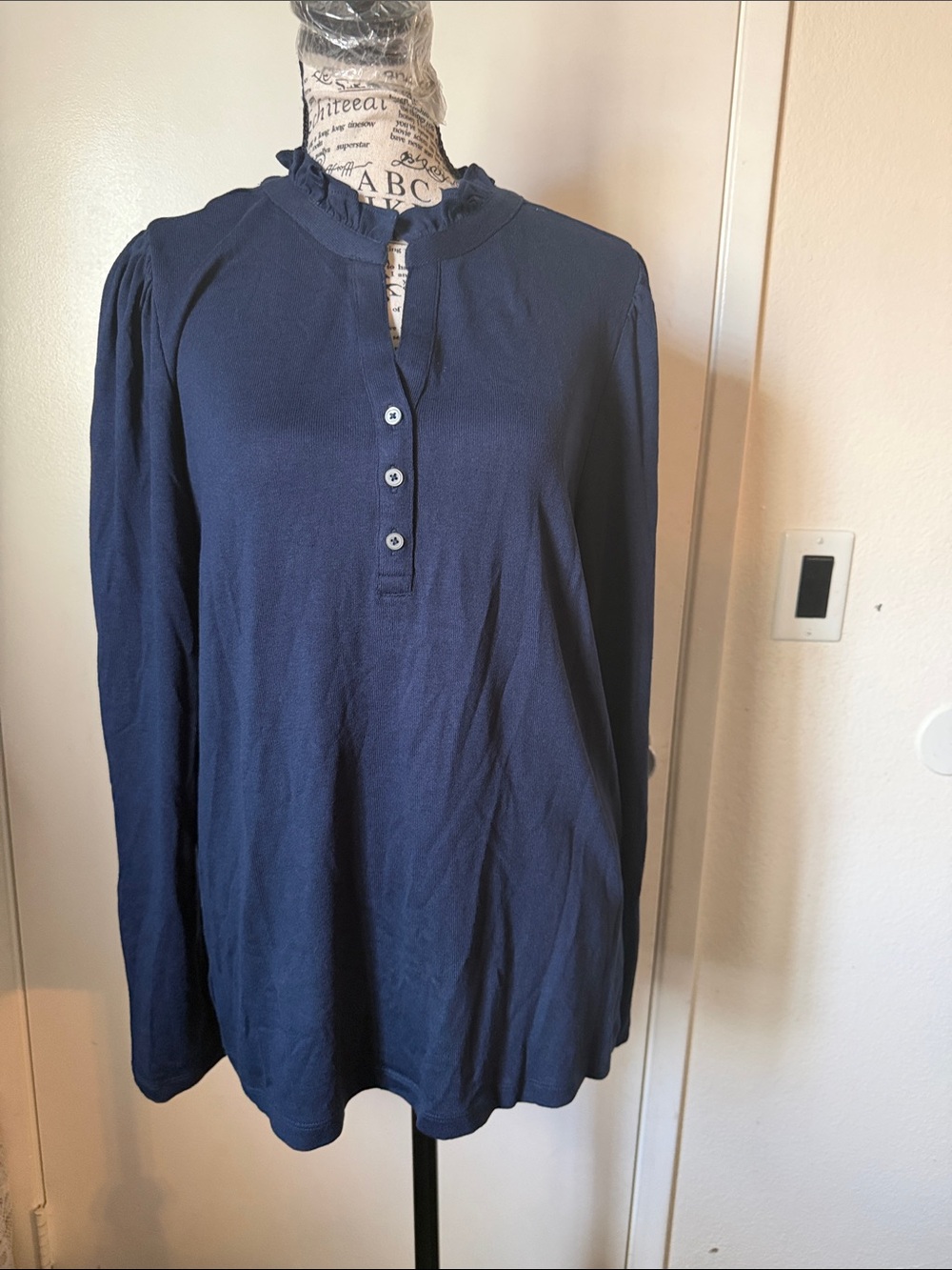 LOFT Navy Long-Sleeve Ruffle Henley Top